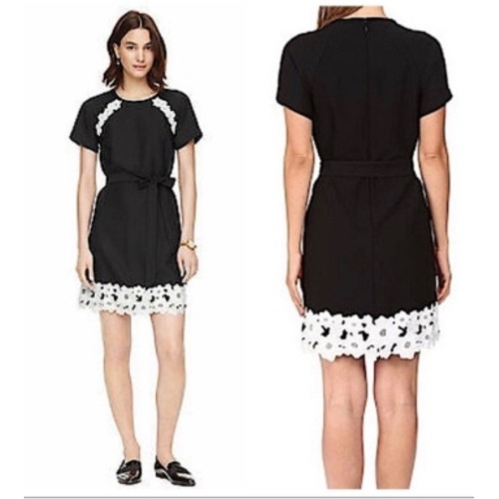 Kate Spade Crepe Floral Shift Dress Lace Trim Belted Shift Dress Women Size 2